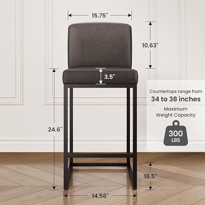 PHI VILLA Bar Stools Set of 3 - Counter Height Bar Stool Leather Stools for Kitchen Counter, Grey Bar Stools with Back
