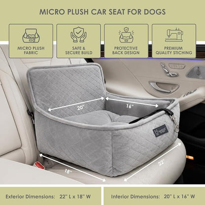 NANDOG Luxury Dog Car Seat Bed for Medium Dogs, Micro Plush Pet Seat with Removable & Washable Cushion Insert, Thick Safety Seatbelt Straps, Secure Travel Carrier, Light Grey, 22" L x 18" W