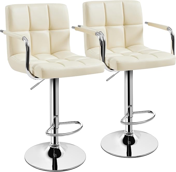 Yaheetech Bar Stools Set of 2, PU Leather Adjustable Swivel Barstools, Hydraulic Kitchen Counter Height Bar Chairs with Armrest and Back for Bar, Kitchen, Dining Room, Beige