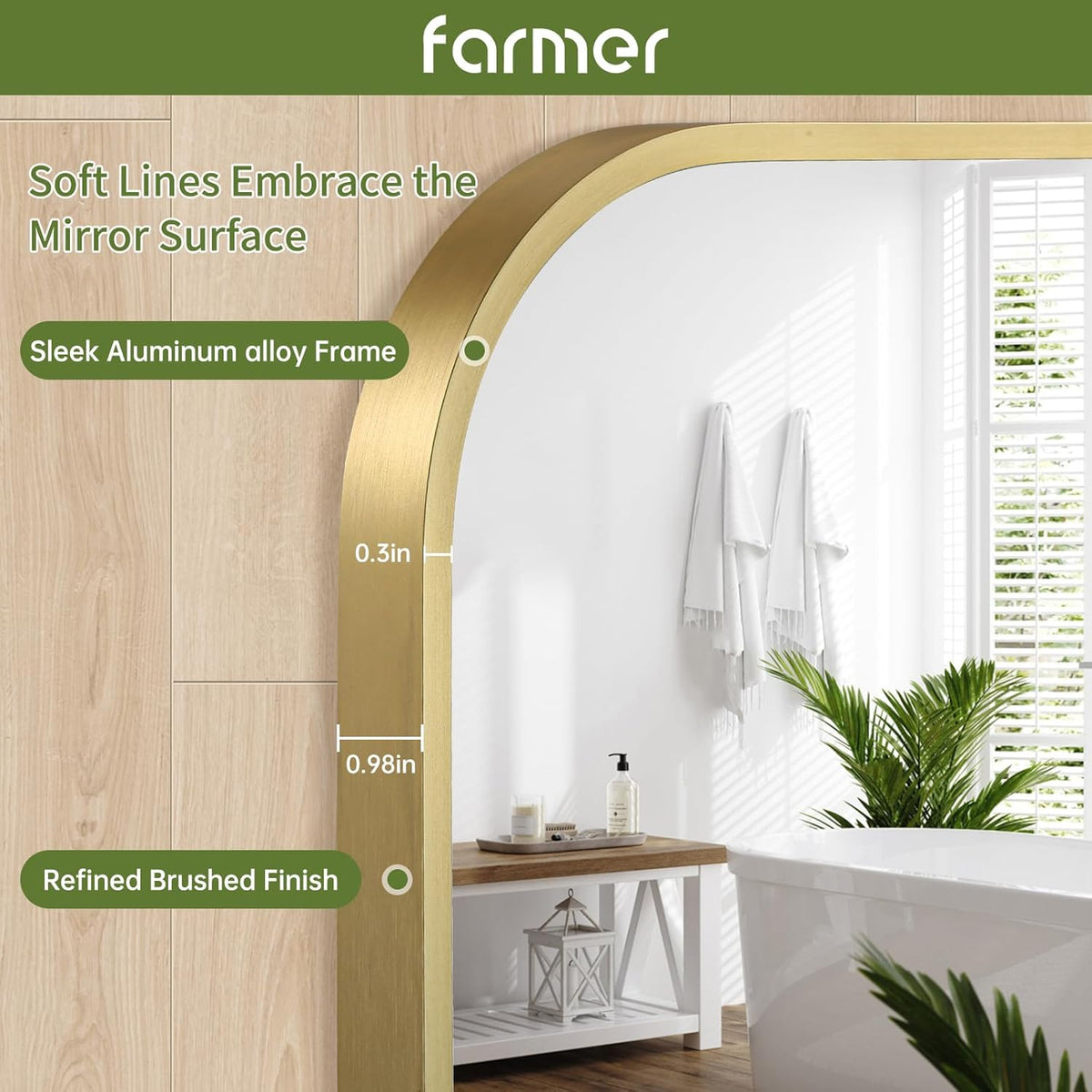 FARMER 24x32 Inch Gold Bathroom Mirror, Rectangle Vanity Mirror, Brushed Mirrors for Wall, Metal Frame Hanging Mirror with Round Corner for Bedrooms, Entryways, Living Rooms, Horizontal/Vertical