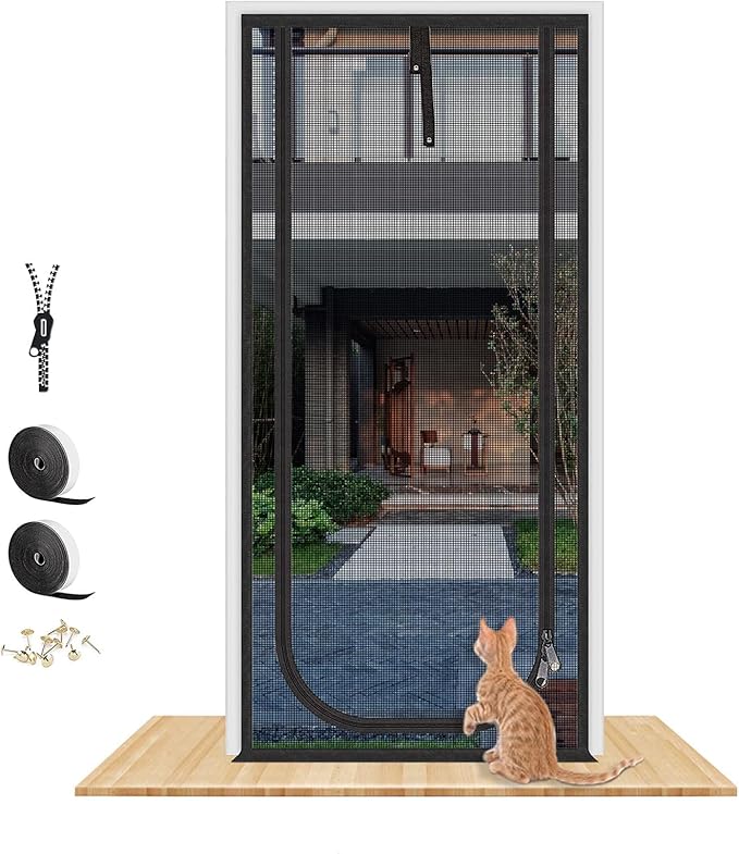 QWR Reinforced Cat Screen Door,Fits Door Opening Size 36''x 81'',Thickened Cat Resistant Mesh Screen Door for Living Room,Kitchen,Bedroom,Cat Proof Screen with Zipper Closure(U-Type,Black)