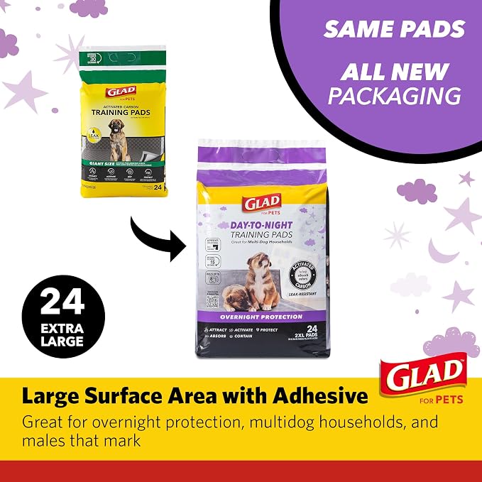 Glad for Pets Giant Activated Carbon Training Pads, 30 x 36 In, 24 Ct, 6-Pk | Adhesive backing and wall protection for leak-proof, super-absorbent day-to-night coverage