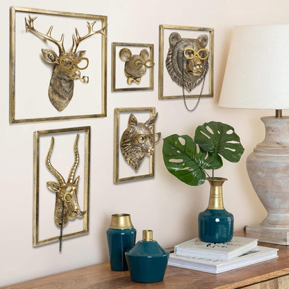 Animal Heads Wall Decor (5pcs, Includes Metal Frame) Resin Animals Sculptures Head Wall Hanging Decoration Gold vintage Wall Sculpture for Living Room Bedroom Office