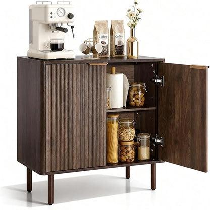 VEVOR Fluted Cabinet, Buffet Cabinet with 2-Tier Storage, Coffee Bar Cabinet with Adjustable Shelves, Sideboard Buffet for Hallway, Entryway, Living Room, or Kitchen, Walnut