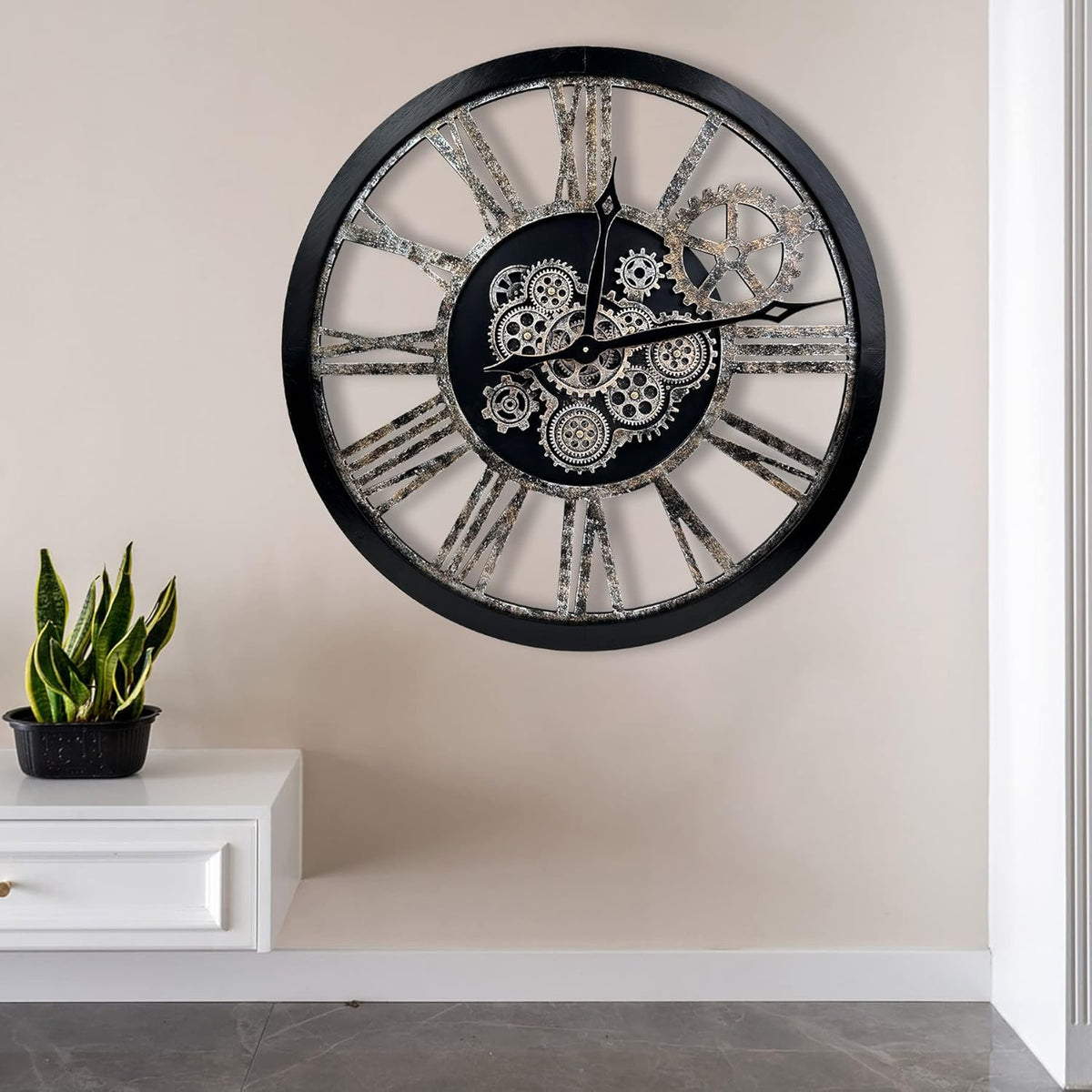 The B-Style Large Real Moving Gears Wall Clock 30 inch Rustic Retro Industrial Farmhouse Wood Clock Oversized Decorative Vintage Wall Clocks for Living Room (Black)