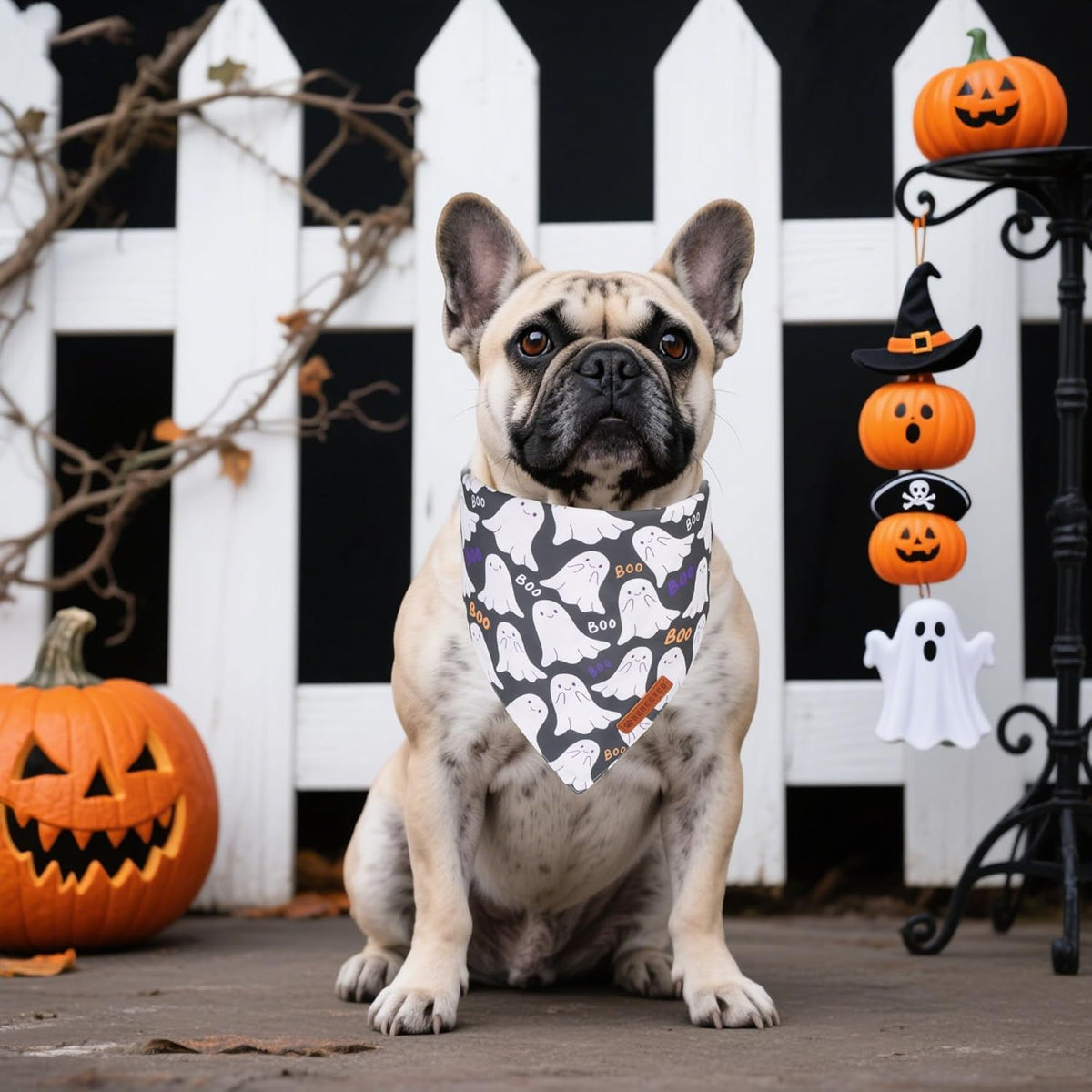 ADOGGYGO Halloween Dog Bandanas, Ghost Pumpkin Witch Scarf, Multi Size, Black Orange Halloween Bandanas for Small Dogs Pets (Small)