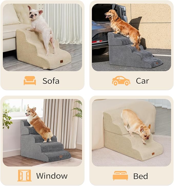 Made4Pets Dog Stairs Ramp for Small Dogs 15.7" H, 3-Step Dog Steps for Bed Couch Sofa and Chair, 35D Foam Pet Steps for Small Dogs and Cats, Non-Slip Bottom Pet Stairs, Beige