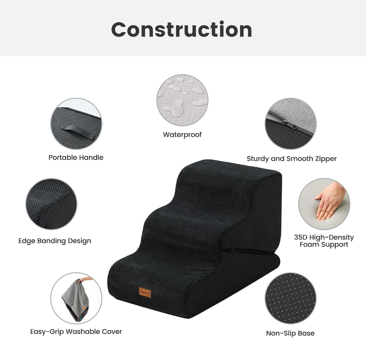 Gardner Pet Dog Stairs for Small Dogs 16.5" H, 2 in 1 Transformable 3-Step Pet Stairs and Dog Ramp for Couch (13-20 in), Black Adjustable Pet Steps with Non-Slip Waterproof Cover and CertiPUR-US Foam