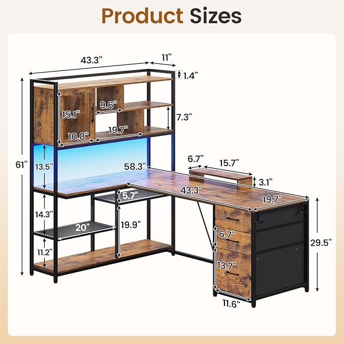 SEDETA L Shaped Computer Desk, 58'' Office Desk with 3 Drawers and Bookshelf, L Shaped Corner Desk with Storage Shelves and LED Light for Home Office, Gaming Desk, L Desk, Rustic Brown