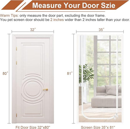 Dixutzi Reinforced Cat Screen Door Fits Door Size 32''x 80'', Heavy Duty Pets Proof Screen Door with Zipper, Prevent Dogs Cats Running Out from Home (White)