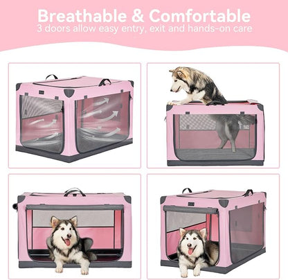 PETSFIT 40" Soft Portable Dog Crate – Patented Spiral Sturdy Frame, Collapsible Travel Kennel for Large Dogs, 3 Mesh Door, Lockable Zippers, Indoor & Car Use Pink