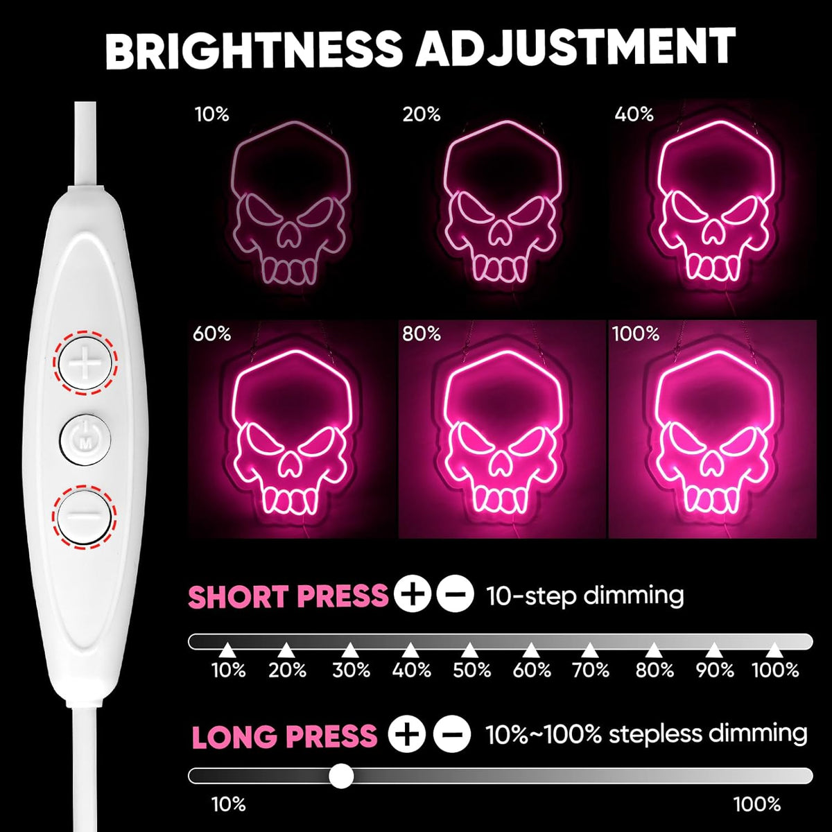 Dimmable Skull Neon Sign,Halloween Pink Neon Sign Light for Wall Decor, Skeleton LED Neon Sign for Beer Bar Bedroom Art,Skull Head Neon Lights Suitable for Computer Room, 5V USB Power 15.75 * 11.8in