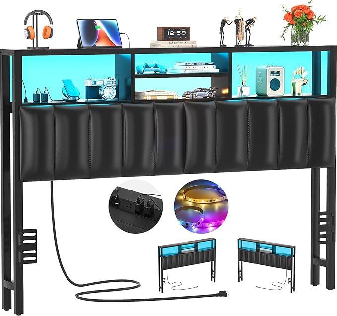 Aheaplus Headboard for Queen Size Bed with Storage, Upholstered Headboards with Outlets, USB Ports and LED Light, Reversible Queen Size Head Board, Height Adjustable, Comfortable Headboard, Black