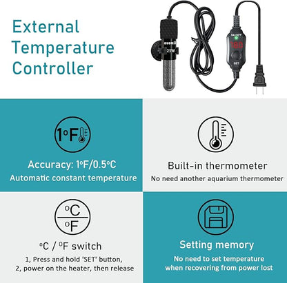 Small Submersible Aquarium Heater,Adjustable Mini Fish Tank Heater 25/50/100/150/200/300 Watts with External Temperature Controller, LED Display, Smart Memory, Used for 1-60 Gallons (100W)