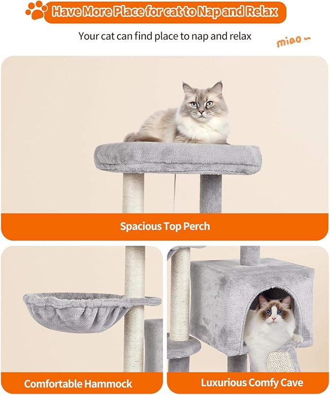 FISH&NAP Cute Cat Tree Kitten Cat Tower for Indoor Cat Condo Sisal Scratching Posts with Jump Platform Cat Furniture Activity Center Play House Grey