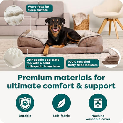 Furhaven Orthopedic Dog Bed for Large Dogs w/ Removable Bolsters & Washable Cover, For Dogs Up to 95 lbs - Plush & Velvet Waves Perfect Comfort Sofa - Brownstone, Jumbo/XL