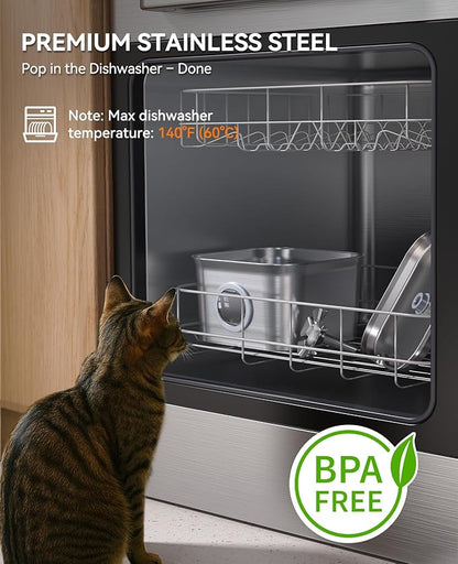 Stainless Steel Cat Water Fountain, 2.8L with 20dB Ultra-Quiet Pump- Ideal for Timid Pets, LED Water Level Window, Dishwasher Safe, 24/7 Circulation- Includes 9 Replacement Filters