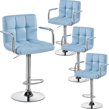 Yaheetech Bar Stools Set of 4, PU Leather Adjustable Swivel Barstools, Hydraulic Kitchen Counter Height Chairs with Armrest and Back for Kitchen, Dining Room, Blue