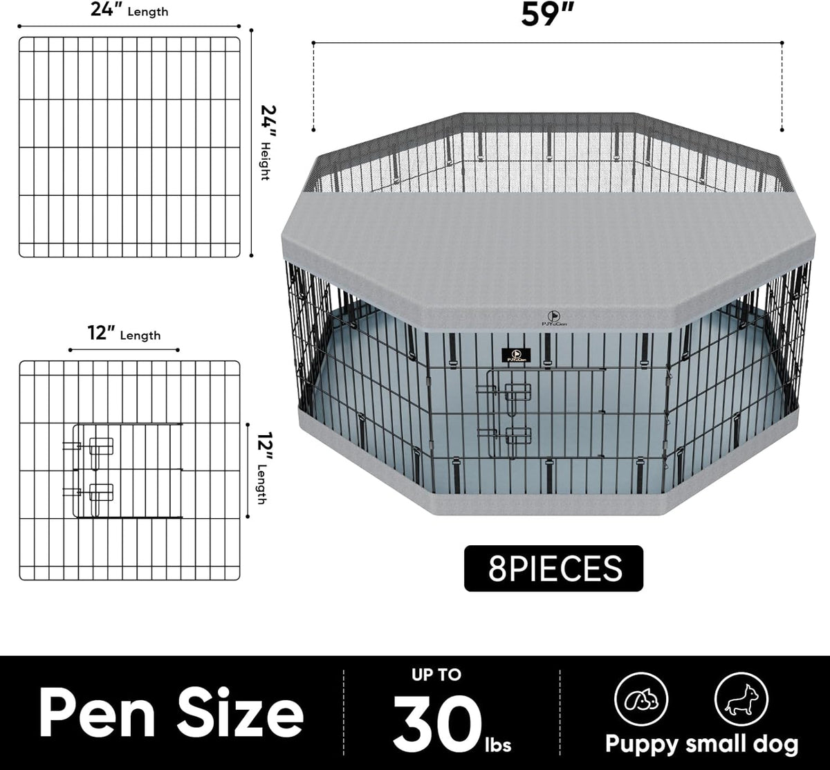 PJYuCien Dog Playpen, 8 Panels 24”H Dog Playpen Indoor with Grey Bottom Pad and Top Cover, Metal Foldable Dog Pen for Indoor Use, Only for Small Medium Animals, Grey