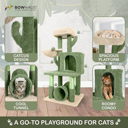 CAPHAUS Cactus Cat Tower for Indoor Cats, Cute 40-Inch Small Cactus Cat Tree w/Widened Perch for Large Cats & Kittens, Multi-Level Cat Activity Tree w/Scratching Post, Tunnel, Basket, Cat Cave Condo