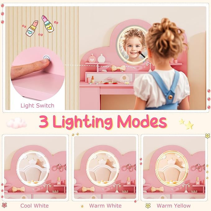Costzon Kids Vanity, Girls Vanity Set with Lighted Mirror, Bookshelf, Drawers, Hooks & Storage Shelves, Toddler Makeup Vanity Desk Dressing Table, Wooden Kids Vanity Table and Chair Set (Pink)