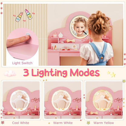 Costzon Kids Vanity, Girls Vanity Set with Lighted Mirror, Bookshelf, Drawers, Hooks & Storage Shelves, Toddler Makeup Vanity Desk Dressing Table, Wooden Kids Vanity Table and Chair Set (Pink)