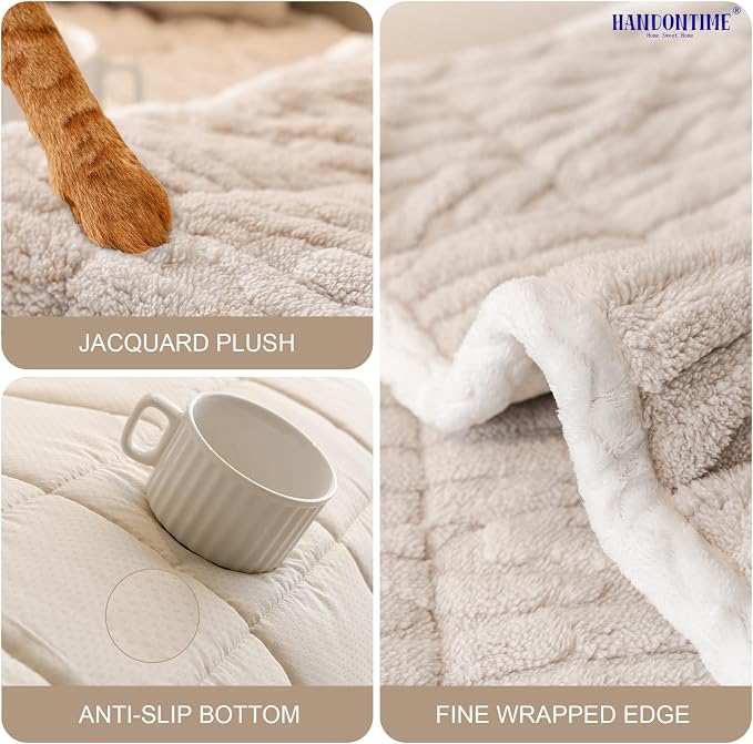 HANDONTIME Dog Couch Cover Protector, Fuzzy Couch Cover for Dogs Washable, Non Slip Geometric Jacquard Sofa Covers for 3 Cushion Couch Sofa Protector Pet Friendly Pets Mat(Khaki, 35.4" x 82.7")
