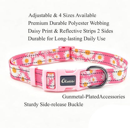Dog Collar Leash Set, Floral Pattern, with Safety Reflective Strips, 5 ft Matching Leash, Neoprene Padded Handle, Adjustable 4 Sizes for Small Medium Large Dogs.(L, Pink Daisy)