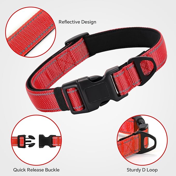 Reflective Dog Collar with Quick Release Buckle - Metal Ring - Adjustable Soft Neoprene Padded Basic Dog Collar for Small Medium Large Dogs (Red, Medium :Width 1",Neck 13.8-19.6")