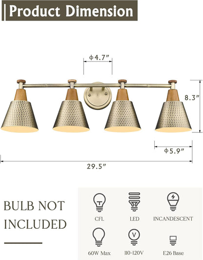 FEMILA Vanity Lights, 4-Lights Bathroom Light Fixtures Over Mirror, Antique Brass Wall Sconces Lamp with Hammered Metal Shade Finish, 4FG59B-4W BG
