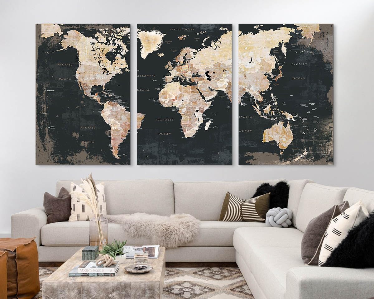 Living Room Wall Art Vintage Home Office Decor Extra Large Bedroom Wall Decor Black Pictures for Wall Decorations Map Paintings