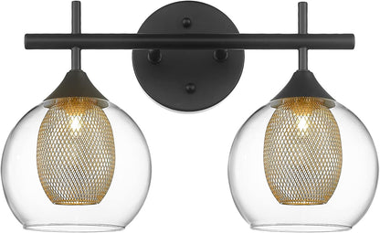 Black and Gold Bathroom Light Fixture, Farmhouse Wall Sconce Lighting with Clear Glass and Honeycomb Metal Shade, 2-Light Black Brass Vanity Light Over Mirror, AD-22001-2W-BK