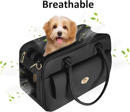 Pet Carrier Dog Purse Carrier Cat Soft-Sided Dog Carriers for Puppy Kitten, Fashion Leather Handbag Tote Travel Pet Bag for Small Dogs Cats, TSA Airline Approved (Black)