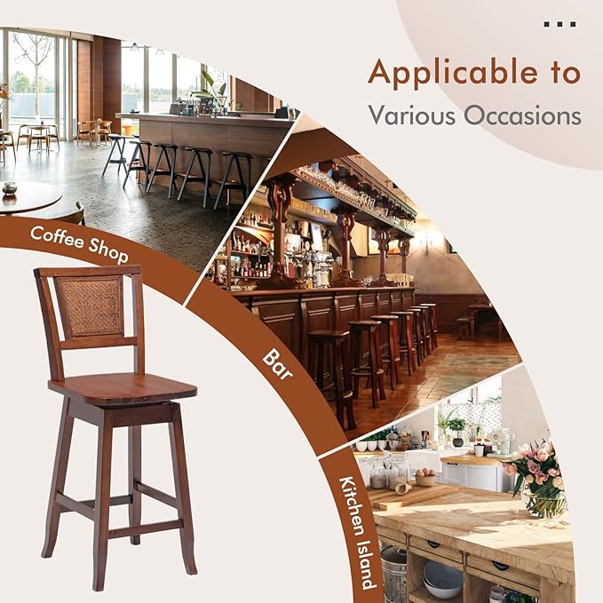COSTWAY Bar Stools Set of 2, 24.5 Inch Counter Height Bar Stool with Rattan Back, 360°Swivel Seat, Comfortable Footrests, Rubber Wood Bar Stools for Kitchen Island, Dining Room, Cafe, Pub (2)