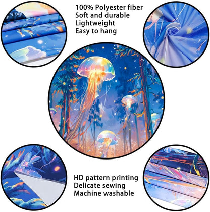 Racunbula Blacklight Forest Jellyfish Tapestry UV Reactive Nature Tree Tapestry Trippy Fantasy Starry Sky Tapestries Aesthetic Jungle Plants Tapestries Wall Hanging for Bedroom