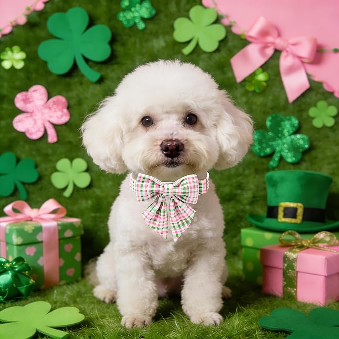 Maca Bates Plaid Dog Collar with Sailor Bow Tie,Cherry Pink Green Gingham Pattern for Small Girl Boy Dogs,Adjustable Durable Soft Collars Irish Gift for Male Female Puppy