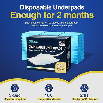 MKISS Bed Pads Disposable 36" x 36" (100 Counts), Large Incontinence Underpads Leakproof Quick Drying Max Absorbent Disposable Pee Pads for Elderly, Adults, Kids, Puppy Training
