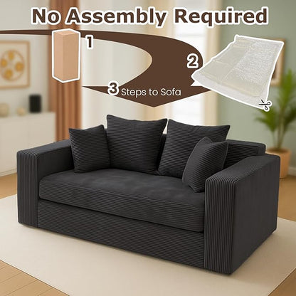 Convertible Sofa Bed, 3 in 1 Loveseat Folding Couch Bed Foldable - Chaise Lounge Chair & Floor Futon Sleeper, Corduroy Pull Out Sofa Bed with 4 Pillows for Living Room, Black