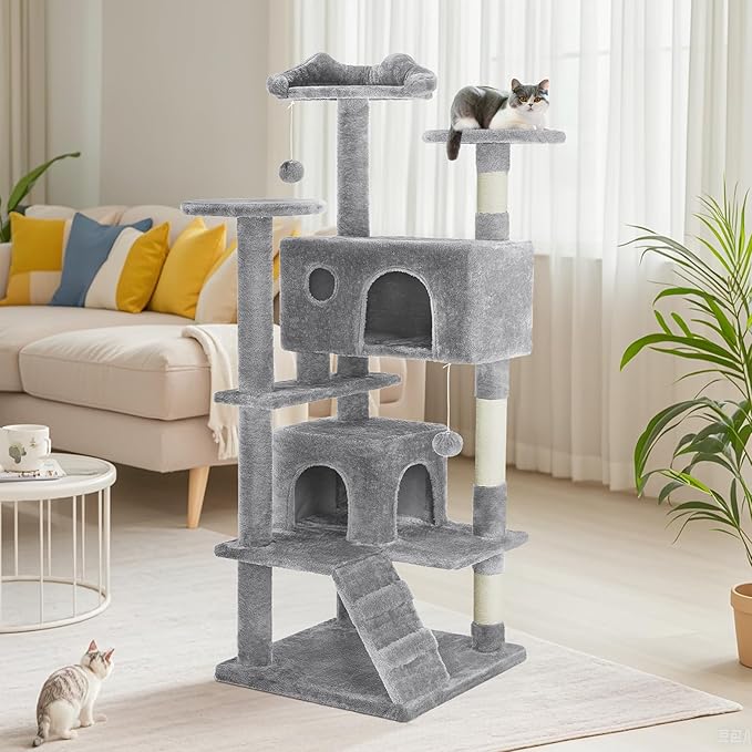 DUMOS 54-inch Indoor Cat Tree Tower –Multi-Level Pet House for Large Cats with 2 Condos, Scratching Posts, Round Platform, Small Ladder, and Toys, Light Grey