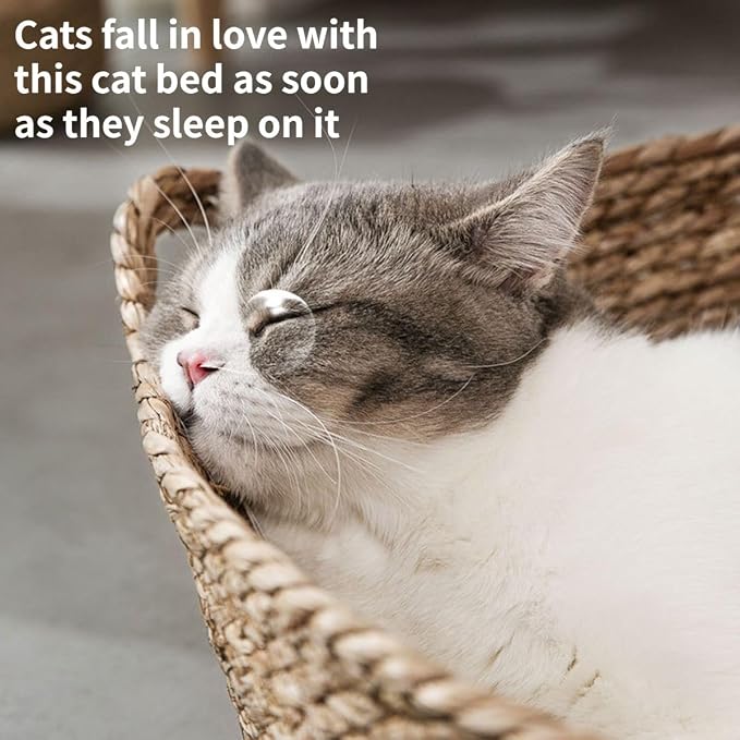 Cat Bed, Straw Woven Cat Baskets Bed, Round Wicker Cat Basket Nest, Non-Slip Cozy Kitten Bed for Cats Small Dog (Only Nest,Large)