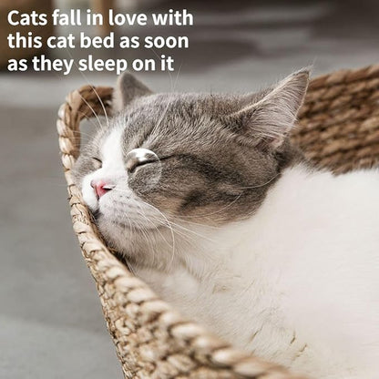 Cat Bed, Straw Woven Cat Baskets Bed, Round Wicker Cat Basket Nest, Non-Slip Cozy Kitten Bed for Cats Small Dog (Only Nest,Small)