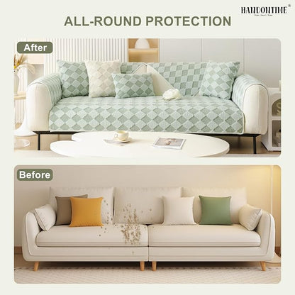 HANDONTIME Non-Slip Pet Couch Cover Washable, Plush Faux Fur Couch Protector for Cushion Pet-Friendly Sofa Covers for Dogs, Checkered Diamond Sectional Covers Dog Mat for Sofa (Green, 35.6" x 82.7")