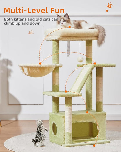 Taoqimiao Cat Tree,38.5-Inch Cat Tower for Indoor Cats,Suitable for Kittens with Luxurious cat condo with Adjustable Baskets and Luxurious Perch MS029SGB Green and Beige