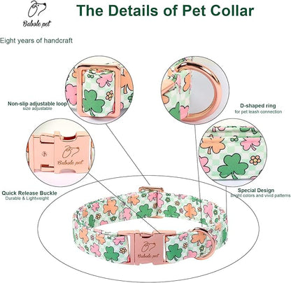 St. Patrick's Day Dog Collar for Medium Dogs - Lucky Clover Pastel Dog Collars, Irish Spring Shamrock Pet Collars, Adjustable Heavy Duty Dogs Collar with Metal Buckle M