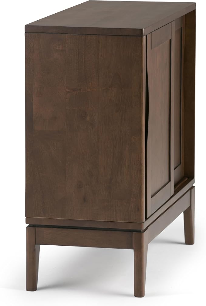 SIMPLIHOME Harper SOLID WOOD 30 inch Wide Mid Century Modern Low Storage Cabinet in Walnut Brown, with Large Space Behind 2 Sliding Notched Handle Doors with 2 Adjustable Shelves