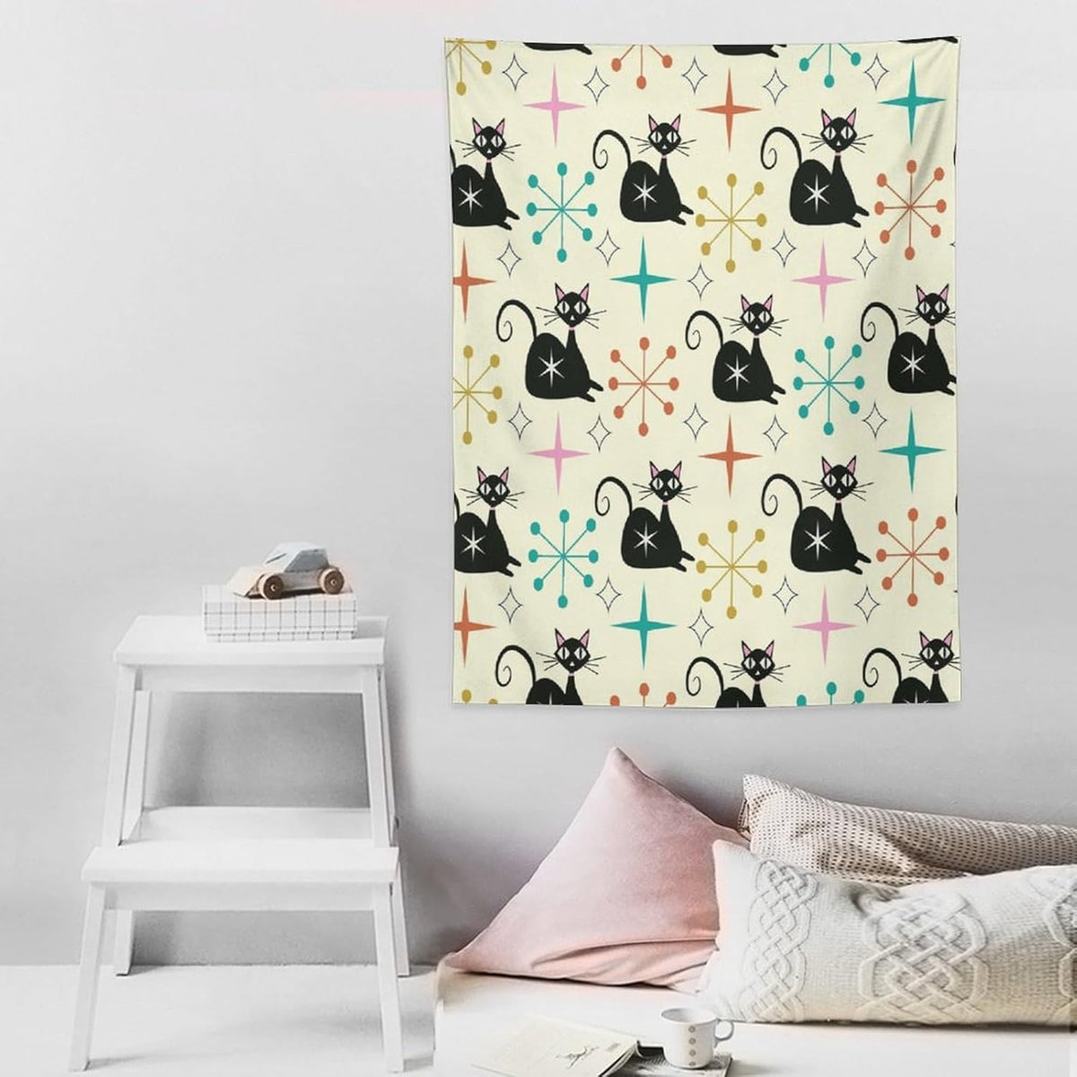 ICMOLYYENLO Abstract Cat Tapestry, Medieval Abstract Atomic Star Cat Vintage Home Wall Hanging Art Tapestry for Bedroom Living Room Dormitory 50x60 Inch