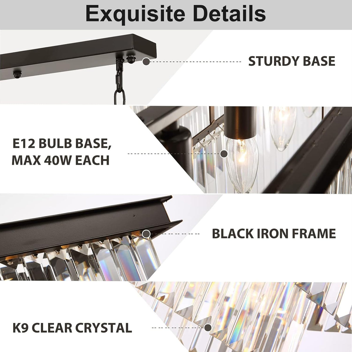 Rectangle Crystal Chandelier Black Modern Linear Chandelier Contemporary Pendant Light Fixture 8-Light Hanging Ceiling Light for Dining Room Living Room Kitchen Bedroom Foyer 47''