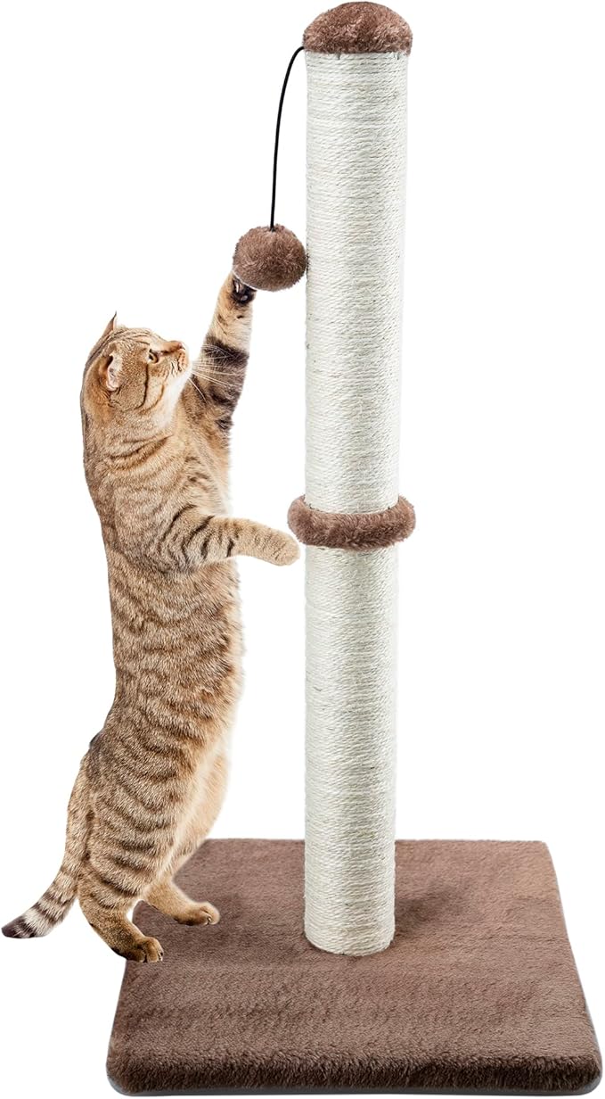 Dimaka 29" Tall Cat Scratching Post, Claw Scratcher with Sisal Rope and Covered with Soft Smooth Plush, Vertical Scratch [Full Strectch] for Standard Size Cats (Dark Brown, 29 inches for All Cats)