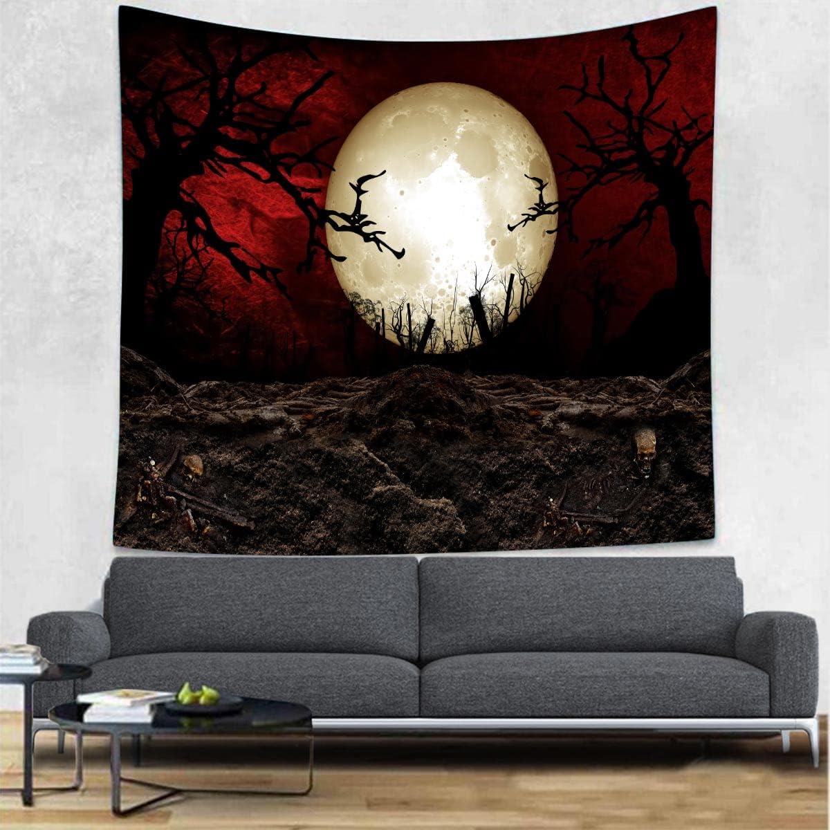 SHRAPHY Full Moon Tapestry 60x60 Inches Moon Horror Cemetery Scarlet Sky Tapestry Event Bedroom Home Decor GTLSUH1207