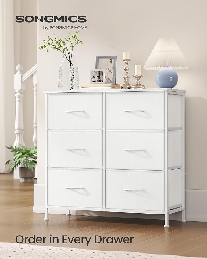 SONGMICS Dresser for Bedroom, Chest of Drawers, TV Stand, Steel, MDF, 6 Non-Woven Fabric Drawers, Storage Organizer Unit, Closet, Entryway, Cloud White and Snow White ULGS123W01S